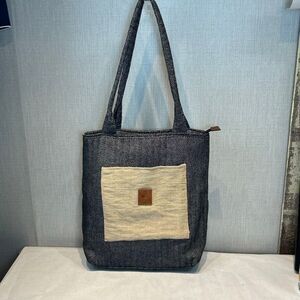 Handcrafted Tote Bag Zip Top Gray Herringbone Pattern Front Pocket KCL NYC Nepal